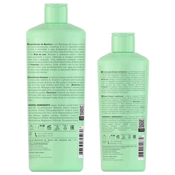Felps Professional Bamboo Growth Shampoo and Conditioner kit, back labels with ingredient lists – Buy now at MKPBR.COM – Worldwide Shipping