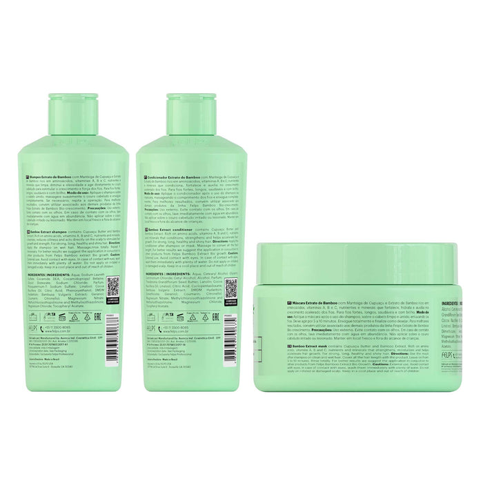 Back labels of the Felps Professional Bamboo Growth shampoo bottle, conditioner bottle and mask jar showing directions and ingredient lists – Buy now at MKPBR.COM – Worldwide Shipping