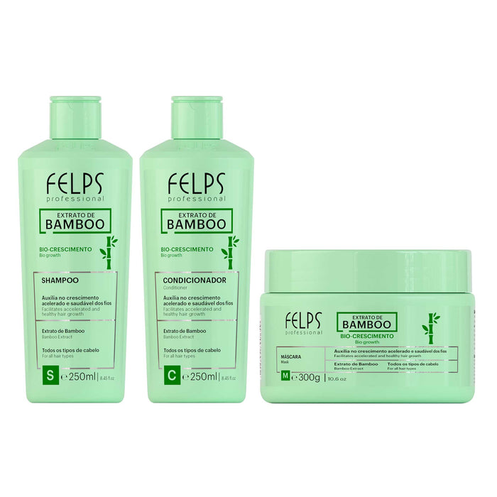 Felps Professional Bamboo Growth Hair Kit with 250 ml shampoo, 250 ml conditioner and 300 g mask, front view of all three green packages – Buy now at MKPBR.COM – Worldwide Shipping
