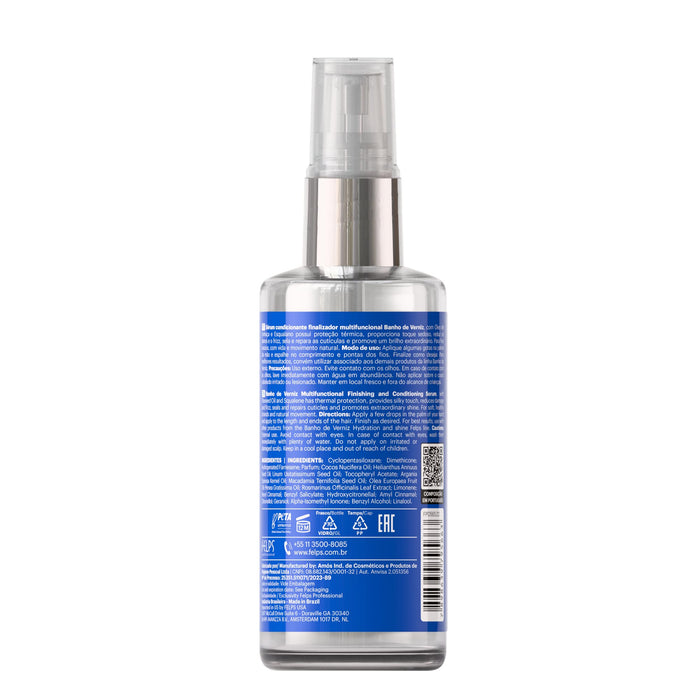 Back label of the Felps Professional Banho de Verniz Conditioning Serum 50 ml bottle showing directions and the full INCI ingredient list – Buy now at MKPBR.COM – Worldwide Shipping