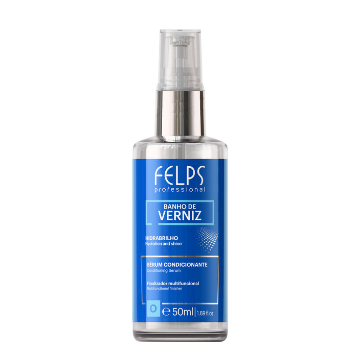 Felps Professional Banho de Verniz Conditioning Serum 1.69 fl oz 50 ml front view of the blue glass pump bottle – Buy now at MKPBR.COM – Worldwide Shipping