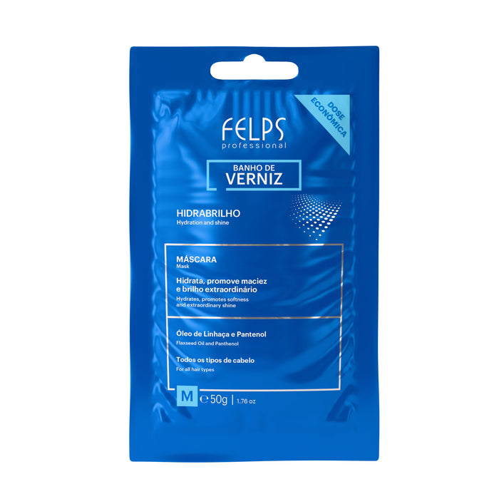 Front of the blue Felps Professional Banho de Verniz Hidrabrilho single-dose hair mask sachet, 1.76 oz (50 g) – Buy now at MKPBR.COM – Worldwide Shipping