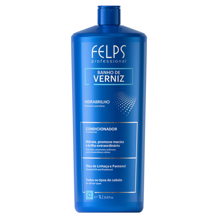 Front of the 1 litre salon-size bottle of Felps Professional Banho de Verniz Hidrabrilho Conditioner – Buy now at MKPBR.COM – Worldwide Shipping