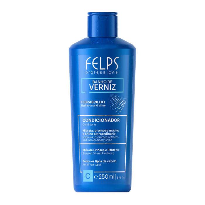 Front of the 250 ml blue bottle of Felps Professional Banho de Verniz Hidrabrilho Conditioner – Buy now at MKPBR.COM – Worldwide Shipping