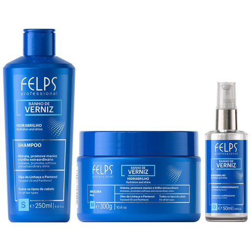 Felps Professional Banho de Verniz Hidrabrilho kit of 3 with 250 ml shampoo, 300 g mask and 50 ml serum, front of set – Buy now at MKPBR.COM – Worldwide Shipping