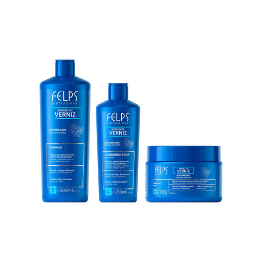 Felps Professional Banho de Verniz Hidrabrilho kit of 3 with 500 ml shampoo, 250 ml conditioner and 300 g mask, front of set – Buy now at MKPBR.COM – Worldwide Shipping
