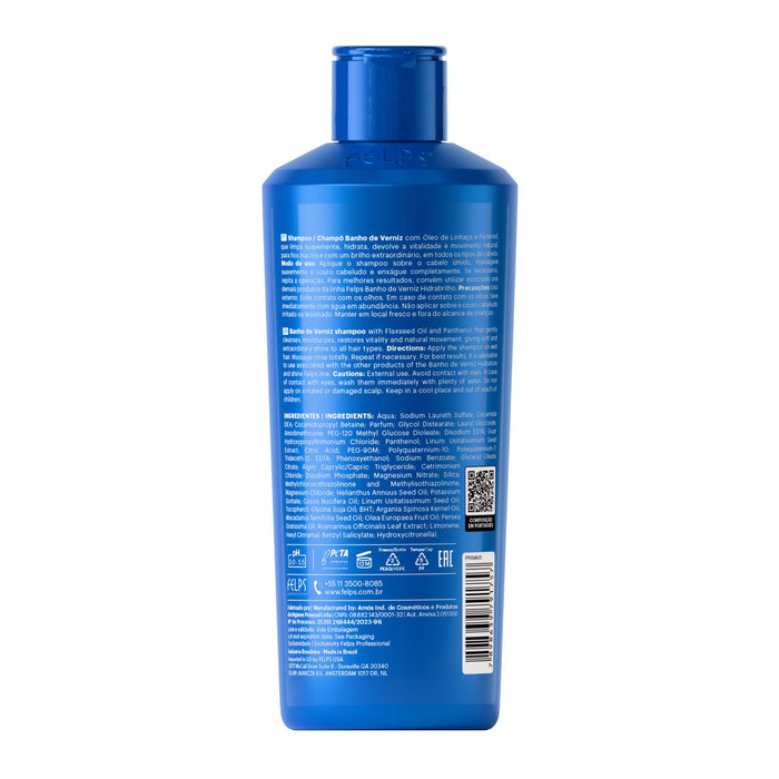 Felps Professional Banho de Verniz Hidrabrilho Shampoo 250 ml back label with ingredients and directions – Buy now at MKPBR.COM – Worldwide Shipping
