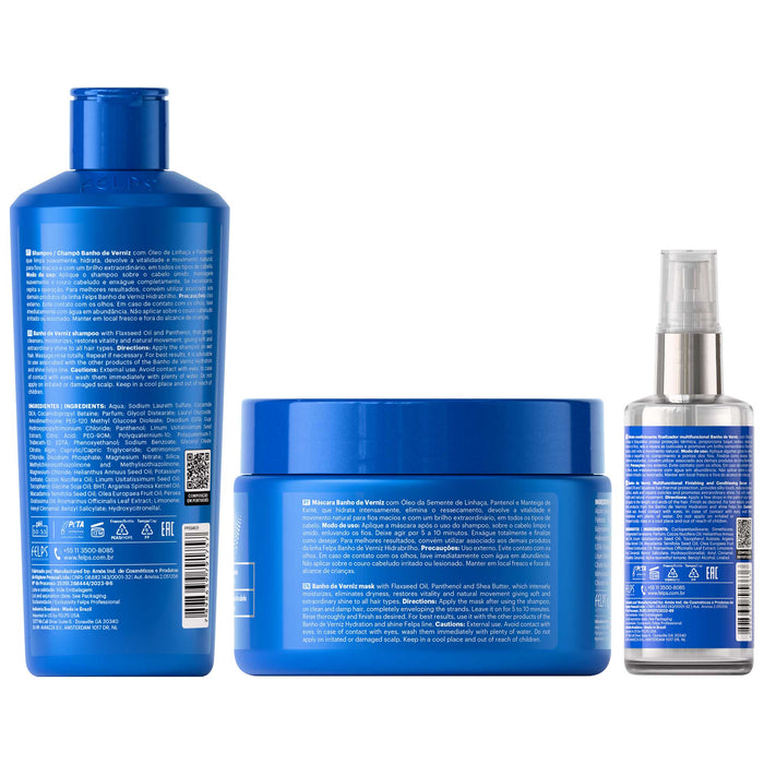 Felps Professional Banho de Verniz Hidrabrilho shampoo, mask and serum kit, second view of the three-piece set – Buy now at MKPBR.COM – Worldwide Shipping