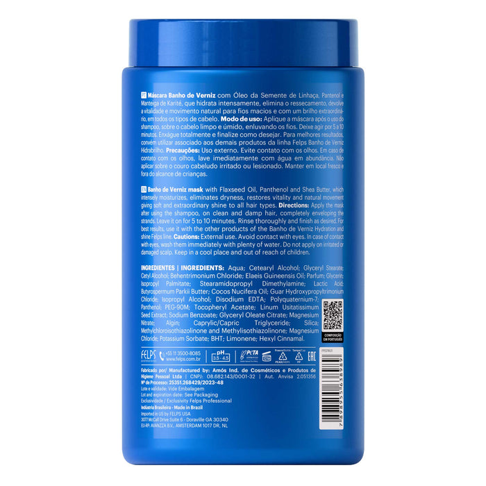 Felps Professional Banho de Verniz Hidrabrilho Treatment Mask 1 kg tub back label showing full INCI ingredient list – Buy now at MKPBR.COM – Worldwide Shipping