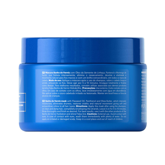 Felps Professional Banho de Verniz Hidrabrilho Treatment Mask 300 g jar back label with directions in Portuguese and English – Buy now at MKPBR.COM – Worldwide Shipping