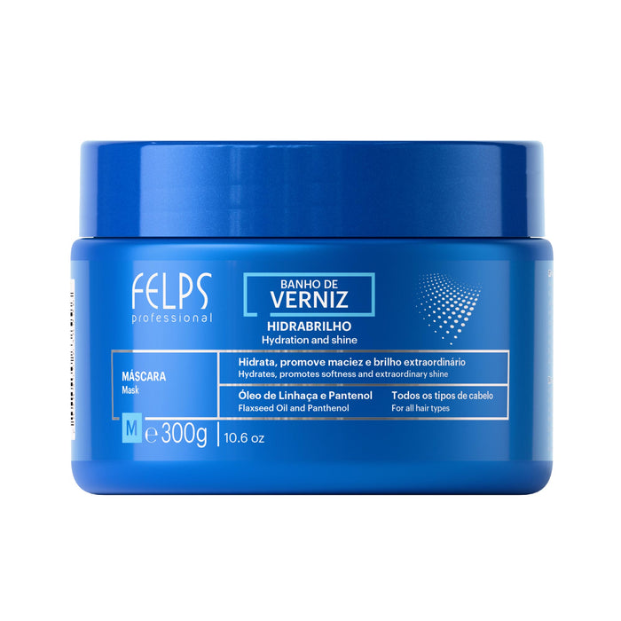 Felps Professional Banho de Verniz Hidrabrilho Treatment Mask 300 g blue jar front view – Buy now at MKPBR.COM – Worldwide Shipping