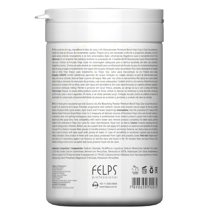 Felps Professional Blond Premium Bleaching Powder 500 g jar back label showing directions, cautions and full ingredient list – Buy now at MKPBR.COM – Worldwide Shipping