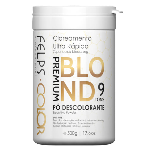 Felps Professional Blond Premium Bleaching Powder 500 g white jar front label with 9 tons dust free claim – Buy now at MKPBR.COM – Worldwide Shipping