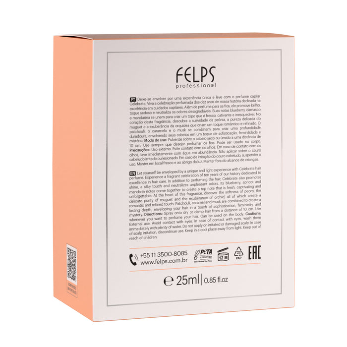 Felps Professional Celebrate Hair Perfume outer carton back panel with Portuguese and English directions and cautions – Buy now at MKPBR.COM – Worldwide Shipping