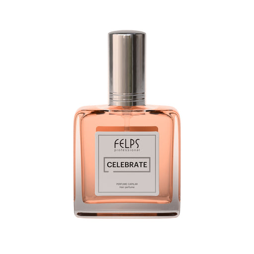 Felps Professional Celebrate Hair Perfume 25 ml peach glass bottle with silver atomizer cap, front view – Buy now at MKPBR.COM – Worldwide Shipping