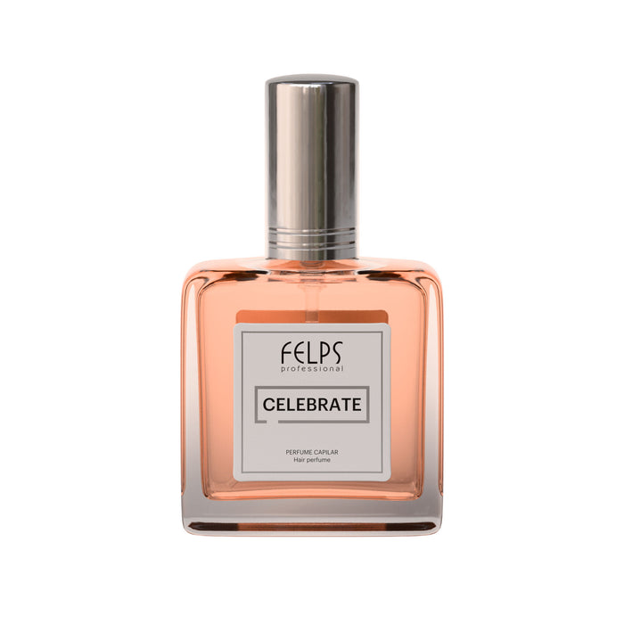 Felps Professional Celebrate Hair Perfume 25 ml peach glass bottle with silver atomizer cap, front view – Buy now at MKPBR.COM – Worldwide Shipping