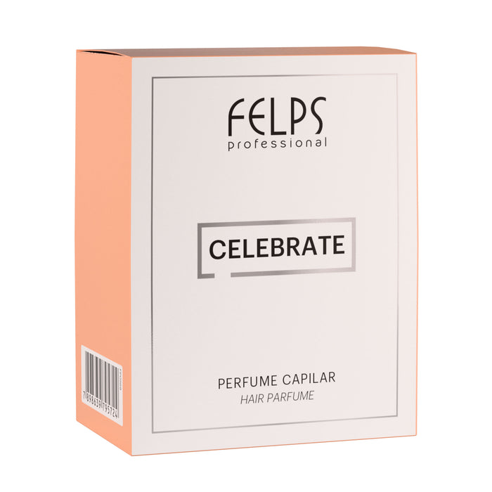 Felps Professional Celebrate Hair Perfume 25 ml outer carton front showing the Celebrate logo and Hair Parfume wording – Buy now at MKPBR.COM – Worldwide Shipping