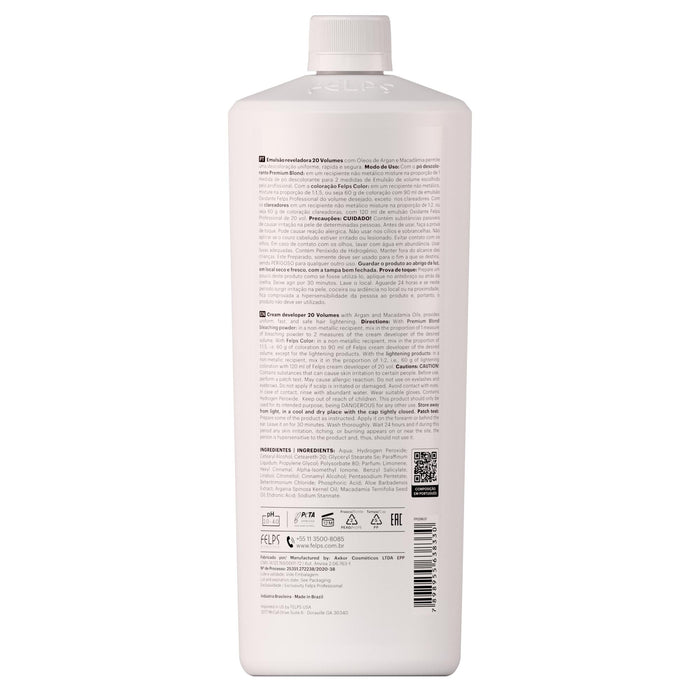 Felps Professional Cream Developer 20 Vol 900 ml back of bottle showing INCI ingredients and directions – Buy now at MKPBR.COM – Worldwide Shipping
