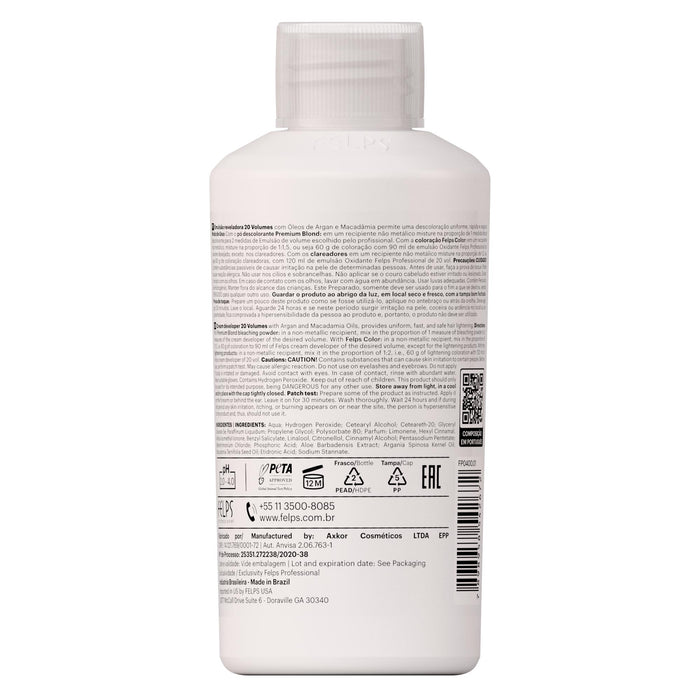 Felps Professional Cream Developer 20 Vol 90 ml back of bottle showing INCI ingredients and directions – Buy now at MKPBR.COM – Worldwide Shipping