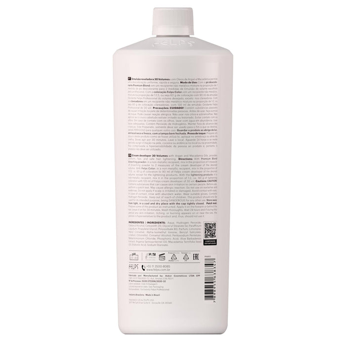 Felps Professional Cream Developer 30 Vol 900 ml back of bottle showing INCI ingredients and directions – Buy now at MKPBR.COM – Worldwide Shipping