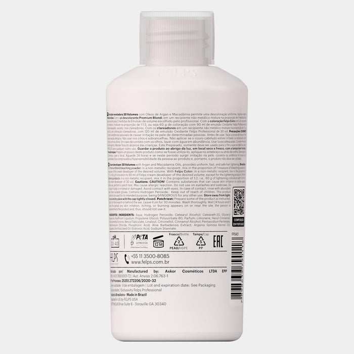Felps Professional Cream Developer 30 Vol 90 ml back of bottle showing INCI ingredients and directions – Buy now at MKPBR.COM – Worldwide Shipping