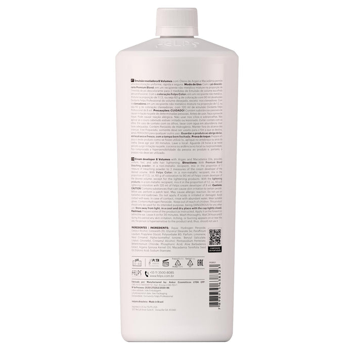 Felps Professional Cream Developer 8 Vol 900 ml back of bottle showing INCI ingredients and directions – Buy now at MKPBR.COM – Worldwide Shipping