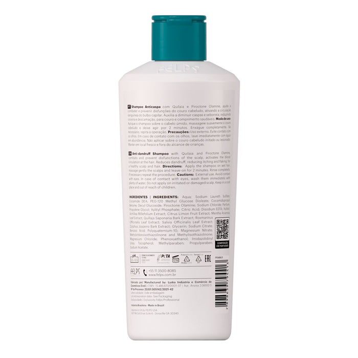 Back label of Felps Professional Equilibrio Anti-Dandruff Shampoo 250 ml showing directions and the full INCI ingredient list – Buy now at MKPBR.COM – Worldwide Shipping
