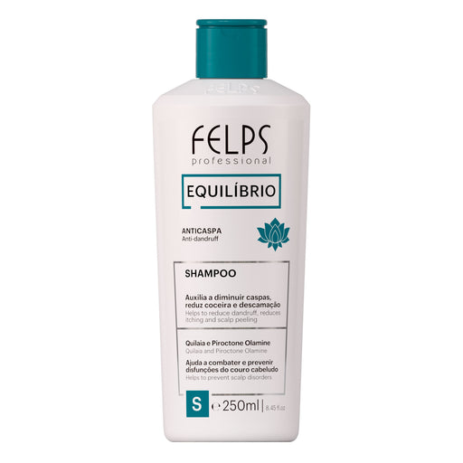 Felps Professional Equilibrio Anti-Dandruff Shampoo 250 ml white bottle with teal cap, front view – Buy now at MKPBR.COM – Worldwide Shipping