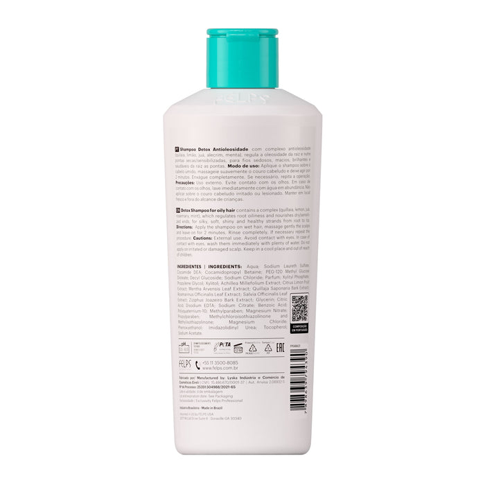 Back label of Felps Professional Equilibrio Detox Anti-Oiliness Shampoo 250 ml showing directions and the full INCI ingredient list – Buy now at MKPBR.COM – Worldwide Shipping