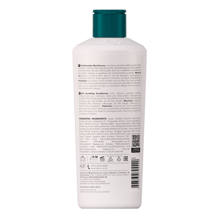 Back label of Felps Professional Equilibrio Nutrileveza Conditioner 250 ml showing directions, cautions and the full INCI ingredient list – Buy now at MKPBR.COM – Worldwide Shipping