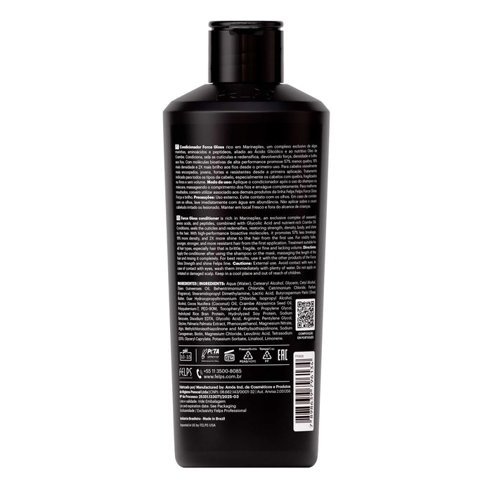 Back label of Felps Professional Force Gloss Conditioner 250 ml showing the full INCI ingredient list, directions and cautions – Buy now at MKPBR.COM – Worldwide Shipping
