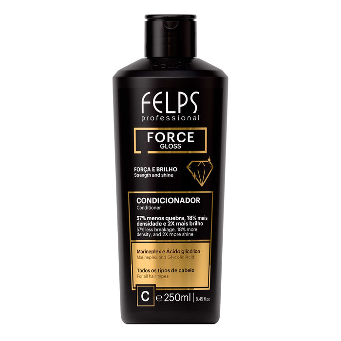 Felps Professional Force Gloss Conditioner 250 ml black bottle, front label with gold Force Gloss logo – Buy now at MKPBR.COM – Worldwide Shipping