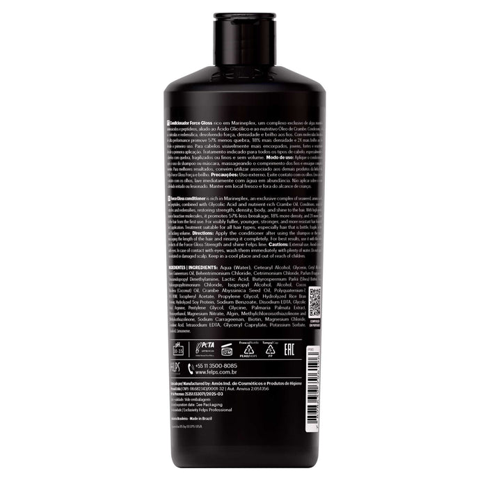 Back label of Felps Professional Force Gloss Conditioner 400 ml showing the full INCI ingredient list, directions and cautions in Portuguese and English – Buy now at MKPBR.COM – Worldwide Shipping