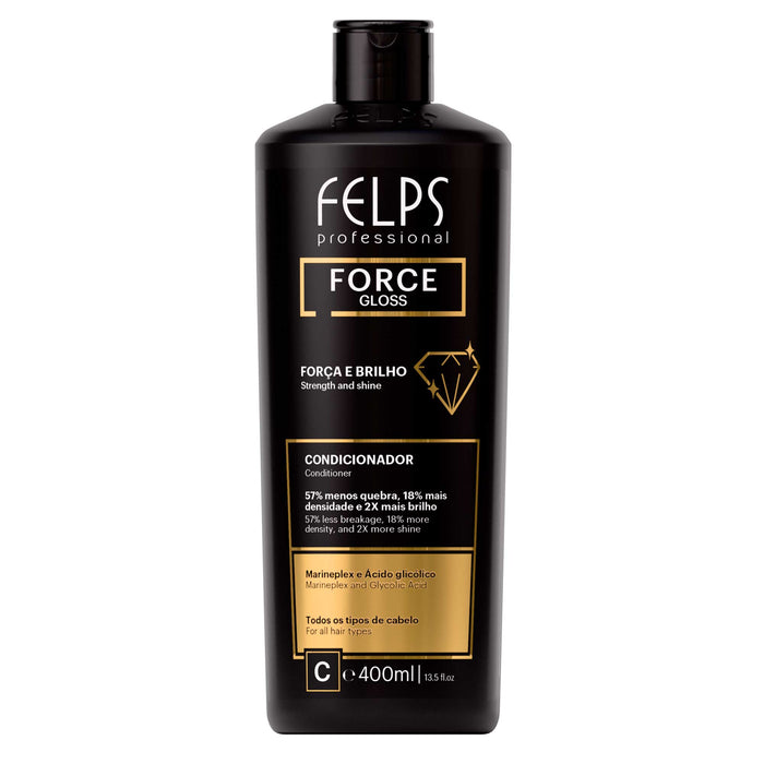 Felps Professional Force Gloss Conditioner 400 ml black bottle, front label with gold Force Gloss logo and Strength and Shine claim – Buy now at MKPBR.COM – Worldwide Shipping