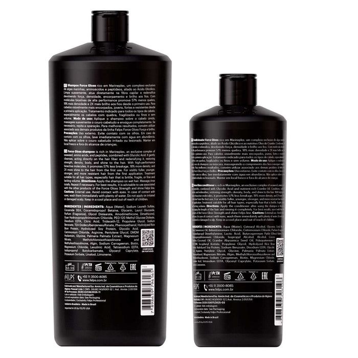 Back labels of the Felps Professional Force Gloss 1 L shampoo and 400 ml conditioner duo showing the ingredient panels – Buy now at MKPBR.COM – Worldwide Shipping