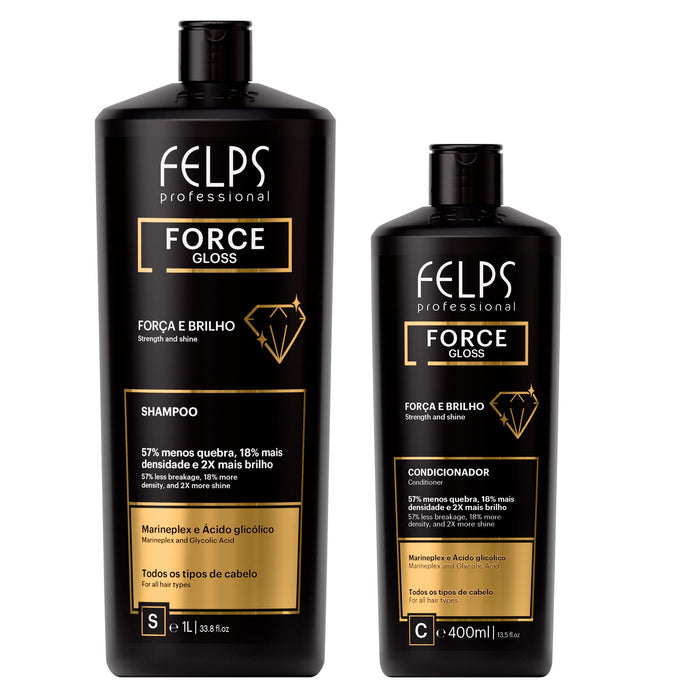 Felps Professional Force Gloss duo kit with 1 L professional shampoo and 400 ml conditioner shown front facing – Buy now at MKPBR.COM – Worldwide Shipping