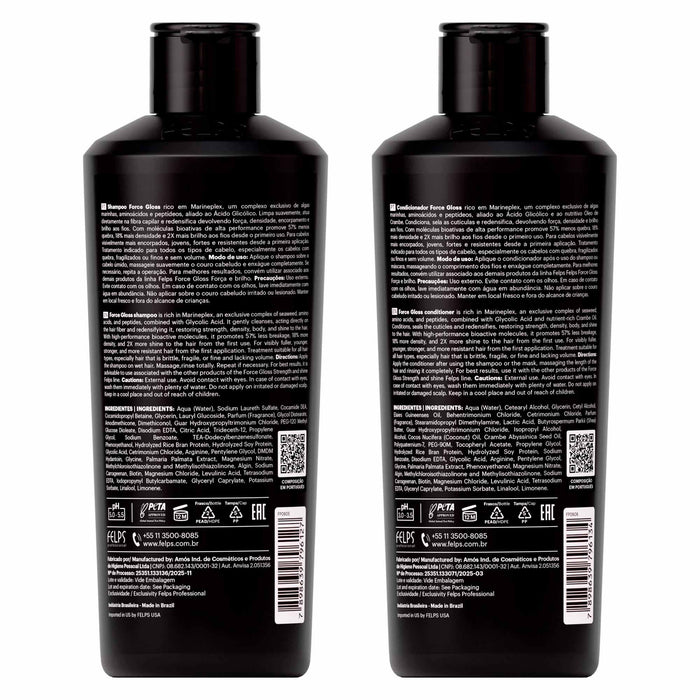 Back labels of the Felps Professional Force Gloss 250 ml shampoo and 250 ml conditioner duo showing the ingredient panels – Buy now at MKPBR.COM – Worldwide Shipping