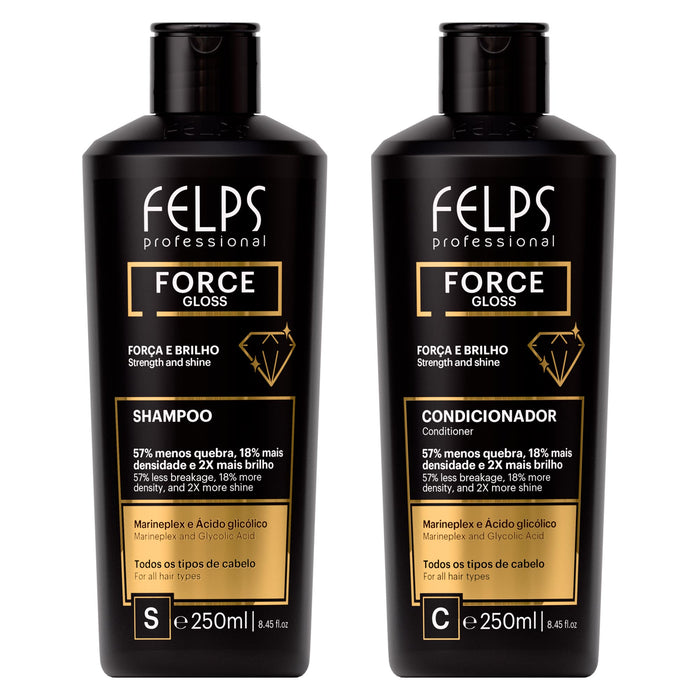 Felps Professional Force Gloss duo kit with 250 ml shampoo and 250 ml conditioner shown front facing – Buy now at MKPBR.COM – Worldwide Shipping