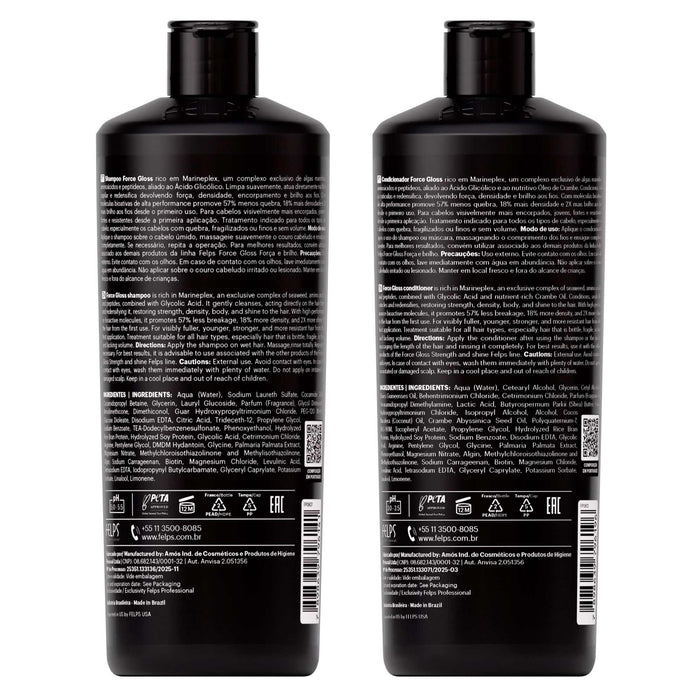 Back labels of the Felps Professional Force Gloss 500 ml shampoo and 400 ml conditioner duo showing the ingredient panels – Buy now at MKPBR.COM – Worldwide Shipping