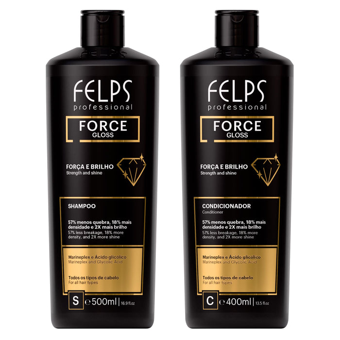 Felps Professional Force Gloss duo kit with 500 ml shampoo and 400 ml conditioner shown front facing – Buy now at MKPBR.COM – Worldwide Shipping