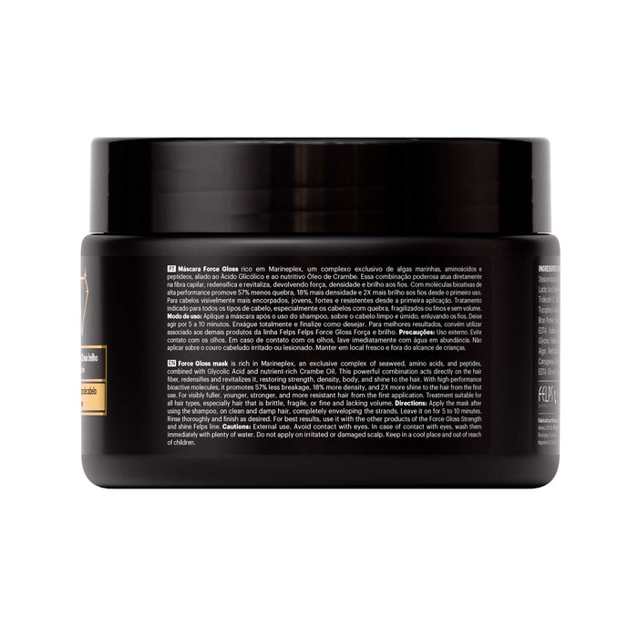 Back label of the Felps Professional Force Gloss Hair Mask 300 g jar showing bilingual directions, cautions and the INCI ingredient panel – Buy now at MKPBR.COM – Worldwide Shipping