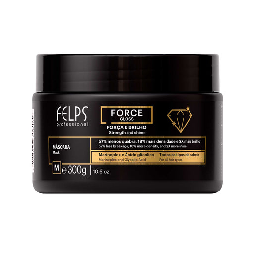 Front of the Felps Professional Force Gloss Hair Mask 300 g black jar with gold Force Gloss label, Marineplex and Glycolic Acid – Buy now at MKPBR.COM – Worldwide Shipping