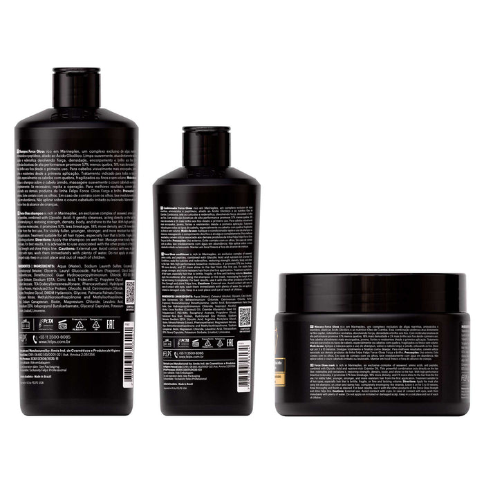 Back labels of the Felps Professional Force Gloss Kit of 3 showing the shampoo, conditioner and mask ingredient panels – Buy now at MKPBR.COM – Worldwide Shipping