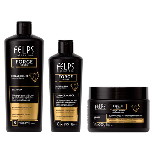 Felps Professional Force Gloss Kit of 3 with 500 ml shampoo, 250 ml conditioner and 300 g mask shown front facing – Buy now at MKPBR.COM – Worldwide Shipping