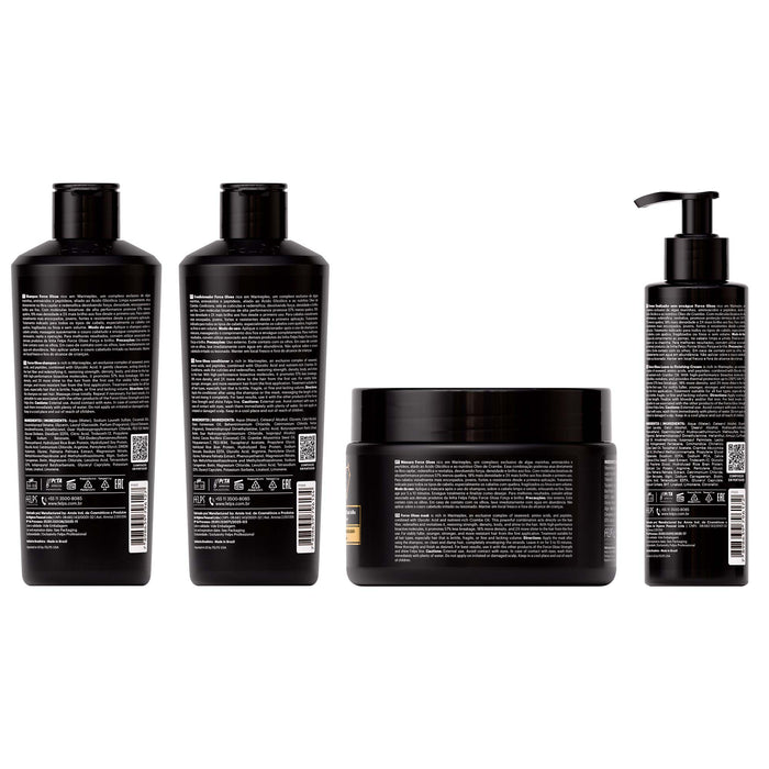 Back labels of the Felps Professional Force Gloss Kit of 4 showing the shampoo, conditioner, mask and leave-in ingredient panels – Buy now at MKPBR.COM – Worldwide Shipping