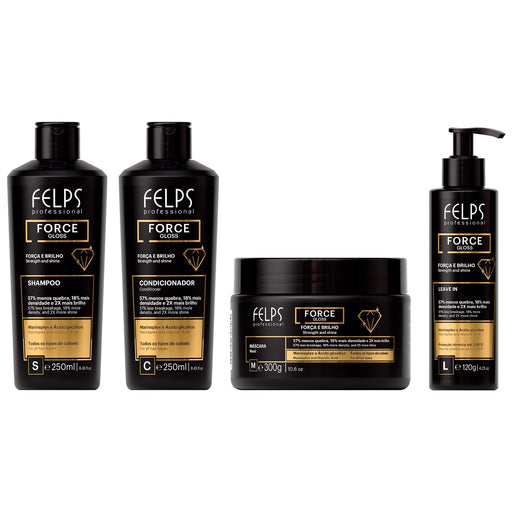 Felps Professional Force Gloss Kit of 4 with 250 ml shampoo, 250 ml conditioner, 300 g mask and 120 g leave-in shown front facing – Buy now at MKPBR.COM – Worldwide Shipping