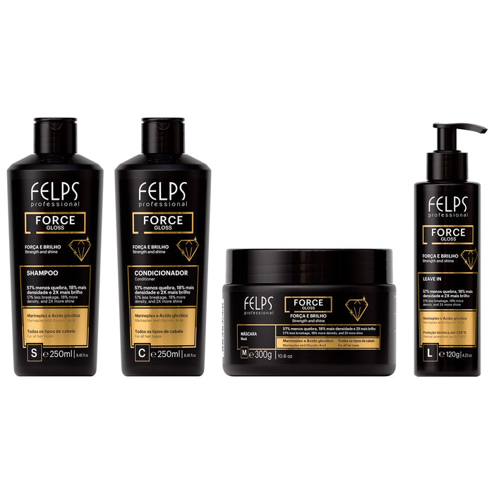 Felps Professional Force Gloss Kit of 4 with 250 ml shampoo, 250 ml conditioner, 300 g mask and 120 g leave-in shown front facing – Buy now at MKPBR.COM – Worldwide Shipping