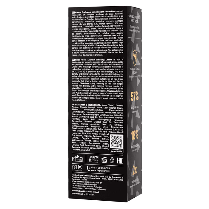 Back of the Felps Professional Force Gloss Leave-In 120 g carton with directions and the full INCI ingredient list – Buy now at MKPBR.COM – Worldwide Shipping