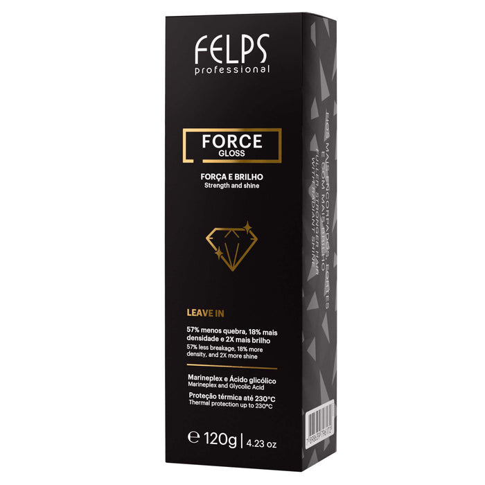 Front angle of the Felps Professional Force Gloss Leave-In 120 g carton showing strength and shine claims – Buy now at MKPBR.COM – Worldwide Shipping