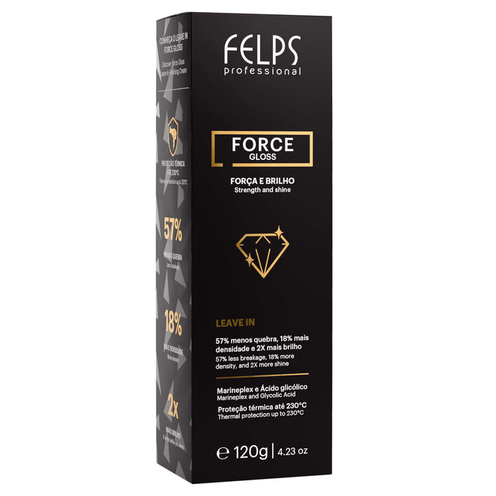Side panel of the Felps Professional Force Gloss Leave-In 120 g carton highlighting 57 percent less breakage and 18 percent more density – Buy now at MKPBR.COM – Worldwide Shipping